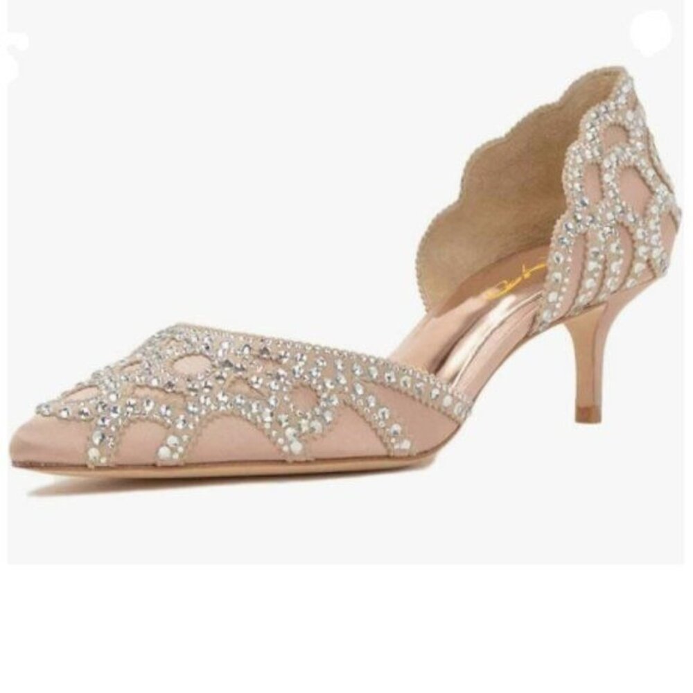 XYD Pink Pumps Pointed Toe D'Orsay Kitten Low Heels Rhinestone Studs Shoes